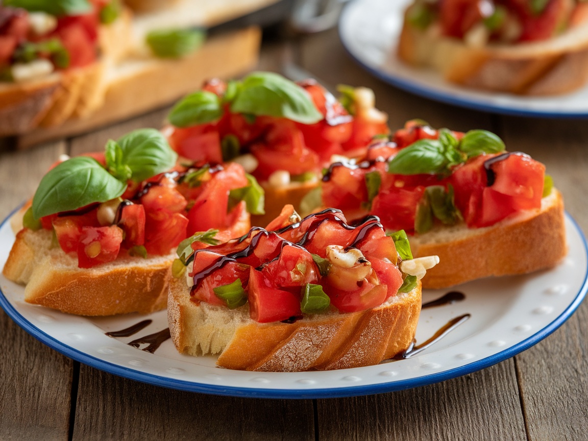 Classic Italian Bruschetta Recipe A platter of classic Italian bruschetta with tomatoes and basil on toasted bread, garnished with balsamic glaze, on a rustic table.